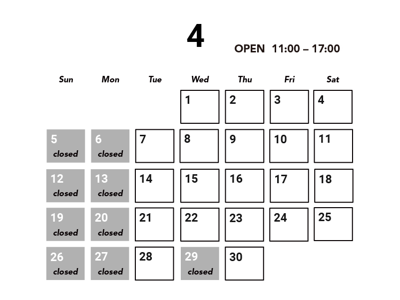 2026年4月の営業カレンダー。火曜日から土曜日は営業、日曜・月曜は定休日、4月29日は臨時休業と記載されている。